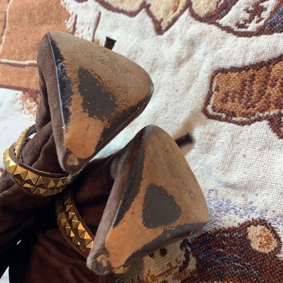 Vintage Iceberg Scrunchy Brown Suede Stiletto Boot gold stud wrap strap heel 8 - Picture 8 of 16